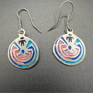 Silver Tone and Blue Hopi Silver Man In Maze Dangle Earrings